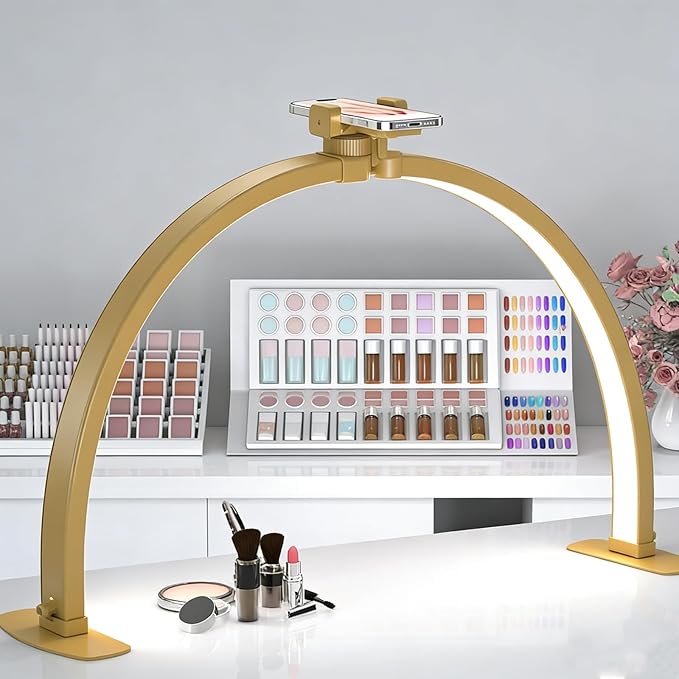 Kadden Foldable Large Half Moon LED Light for Table Nail Desk with Phone Stand, Upgrade Arch Light for Nail Techs with Wire Controller for Manicure Tattoo Beauty (Gold, Large)