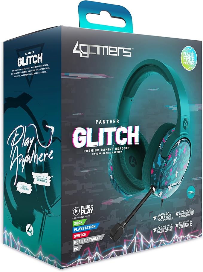 4Gamers Panther Gaming Headset Glitch - Teal, Compatible with PS4, PS5, Xbox, Switch & PC