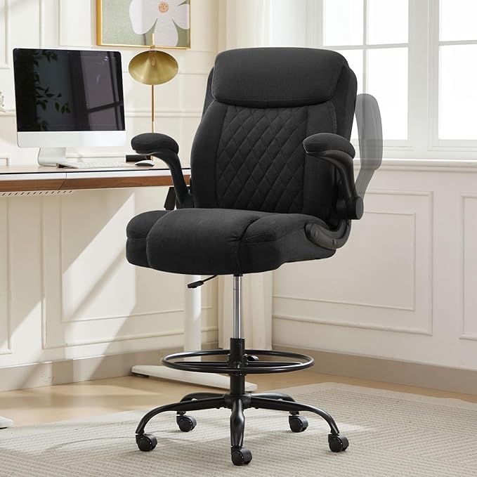MAHOMICO Drafting Chair for Standing Desk – Tall Office Chair with Adjustable Height & Foot Ring, Flip-Up Arms, Lumbar Support – Comfortable Fabric Seat, Ideal Home Desk Chair