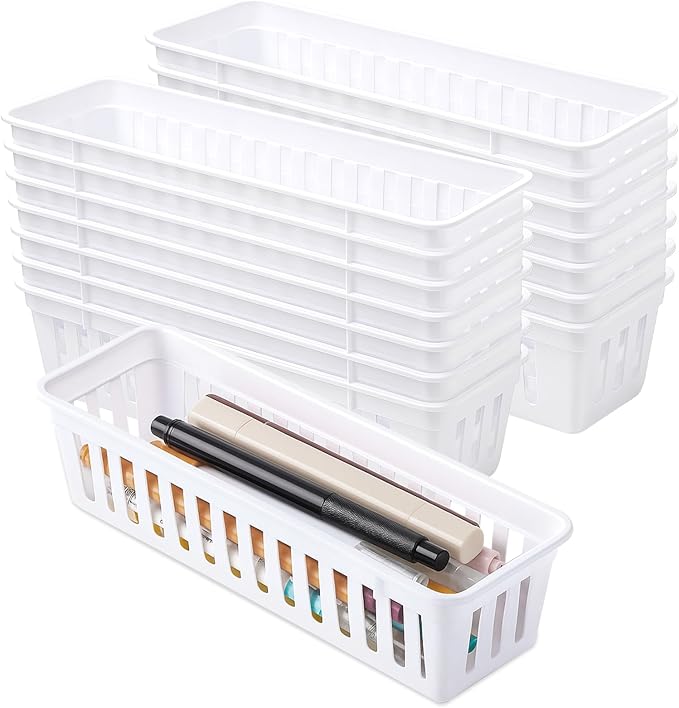 15 Pack Plastic Storage Baskets for Organizing Small Narrow Storage Bins Stackable Drawer Organizer Desk Garage Kitchen Cabinet Containers Pencil Holder Trays for Classroom