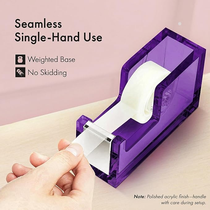 OfficeGoods Acrylic Tape Dispenser – Modern Desk Organizer for Office Supplies, Heavy Duty Refillable Tape Holder for Home and School Crafting, Stylish Desktop Accessory for Gift Wrapping, Purple