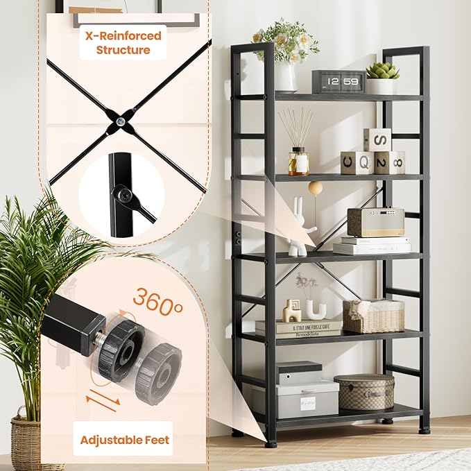 Sweetcrispy Book Shelf, 5 Tier Bookcase, Modern Tall Bookshelf for Garage Kit, CDs, Movies, Industrial Corner Storage Organizer for Bedroom Home Office Kitchen Living Room, Black
