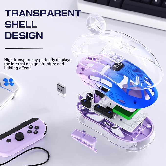 FREEWOLF A2 Transparent Wireless Gaming Mouse,Dual Mode BT 5.0/2.4G PC Gaming Mice,PixArt 3212 5 Adjustable DPI,Rechargeable Silent Mouse with Digital Screen,RGB Backlight Mouse for Win/Mac(Purple)