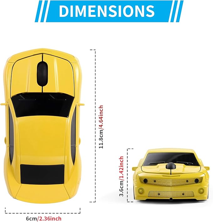 Wireless Car Mouse [Updated] with LED Headlights, 1600 DPI Sports Car Shaped Mouse for Mac, Computers, Yellow