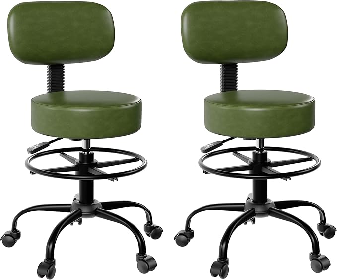 Drafting Chair with Back, Adjustable Foot Rest Rolling Stool (2, Green)