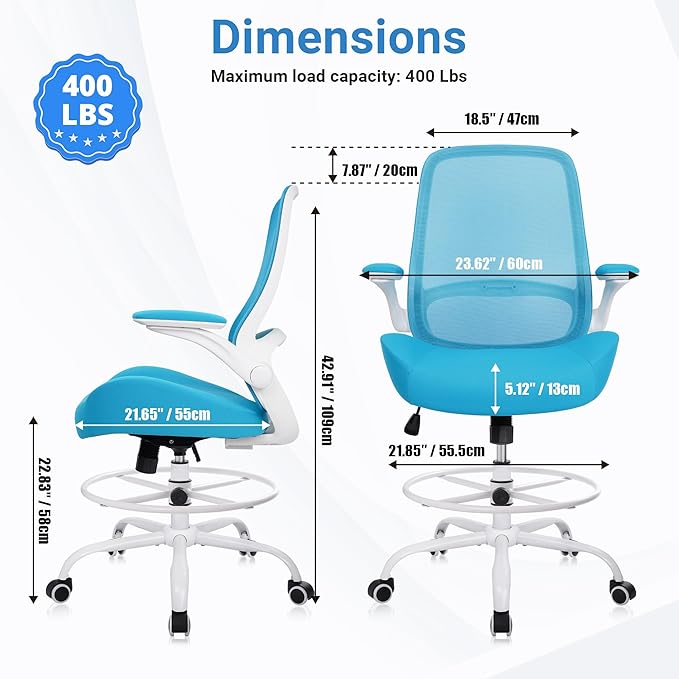 HYLONE Drafting Chair Tall Office Chair with Flip-Up Armrests Ergonomic Computer Chair with Lumbar Support Adjustable Footrest Ring Mesh Standing Desk Chair (Blue)
