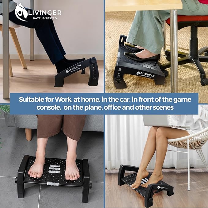Livinger Foot Stool – Adjustable Foot Rest with 6 Height Settings – Under-Desk Support with Non-Slip Legs – Ergonomic Foot Roller – Sturdy Design for Office or Home