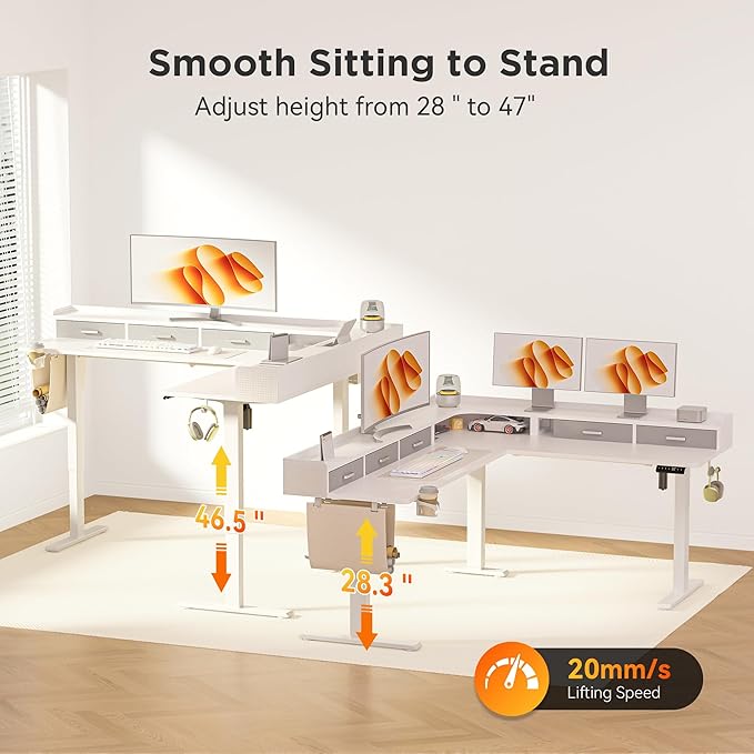 WALKINGDESK 75 Inches Height Adjustable L Shaped Standing Desk with 5 Drawers and Monitor Shelf, Electric Sit to Stand Home Office Comupter Table, Ergonomic Corner Gaming Desk, White