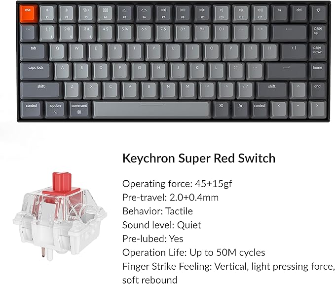 Keychron K2 75% Layout RGB Bluetooth Wireless Mechanical Keyboard with Keychron Super Red Switch/Anti Ghosting/N-Key Rollover, Compact 84 Keys USB Wired Gaming Keyboard for Mac Windows-Version 2