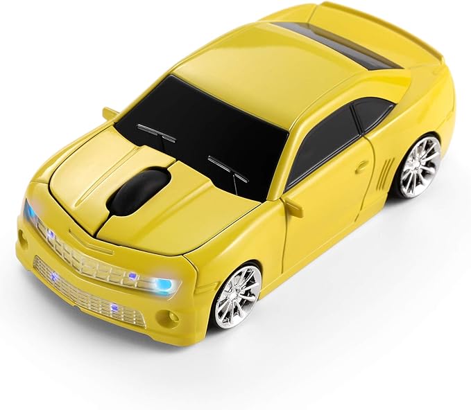 Wireless Car Mouse [Updated] with LED Headlights, 1600 DPI Sports Car Shaped Mouse for Mac, Computers, Yellow