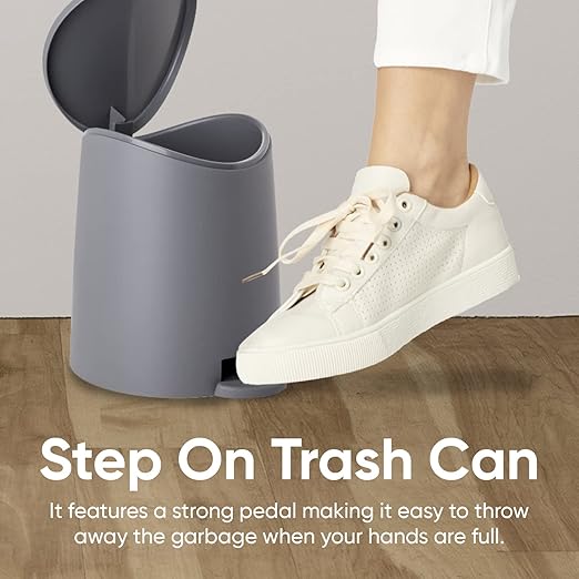 Superio Mini Plastic Bathroom Trash Can with Lid 3 Liter Grey Modern Curved Step On Trash Can with Foot Pedal, Mini Kitchen Waste Bin, Durable and Soft Close for Bedroom, Office, Under Desk