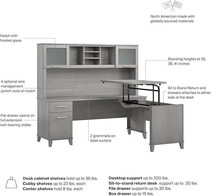 Bush Home Somerset 72W 3 Position Sit to Stand L Shaped Desk with Hutch in Platinum Gray | Adjustable Height Table for Office