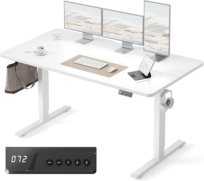 Cubiker Standing Desk, 63x28 Inches Sit Stand Home Office Desk, Electric Stand up Desk, Adjustable Desk with Splice Board, White Frame/White Top