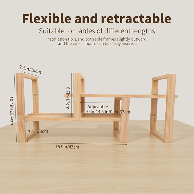 Desk Shelf, 100% Solid Wood Adjustable Desktop Bookshelf, No Tools or Nails Required Retro Tabletop Bookshelf, 130lb Load Capacity for Living Room, Office, for Books, Cookbooks,Nature Pine Color