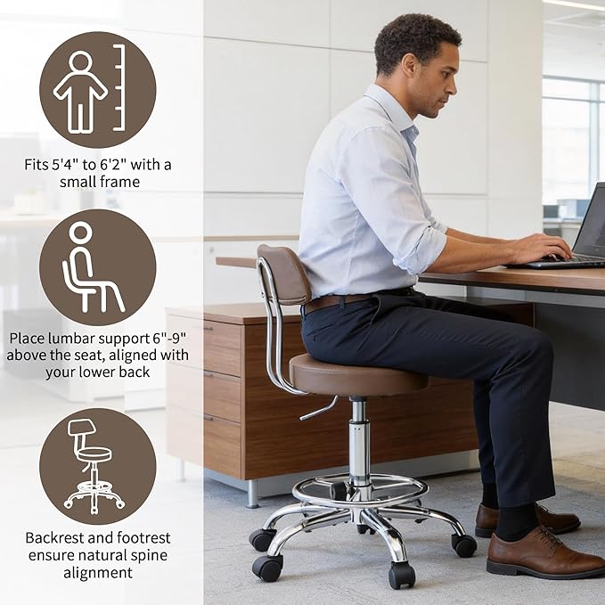 FIRAVOE Office Drafting Chair (Rolling Office Stool) (Adjustable Height Footrest Massage Chair 19.5"-26.6") Lab Stool with Back (Coffee Brown)