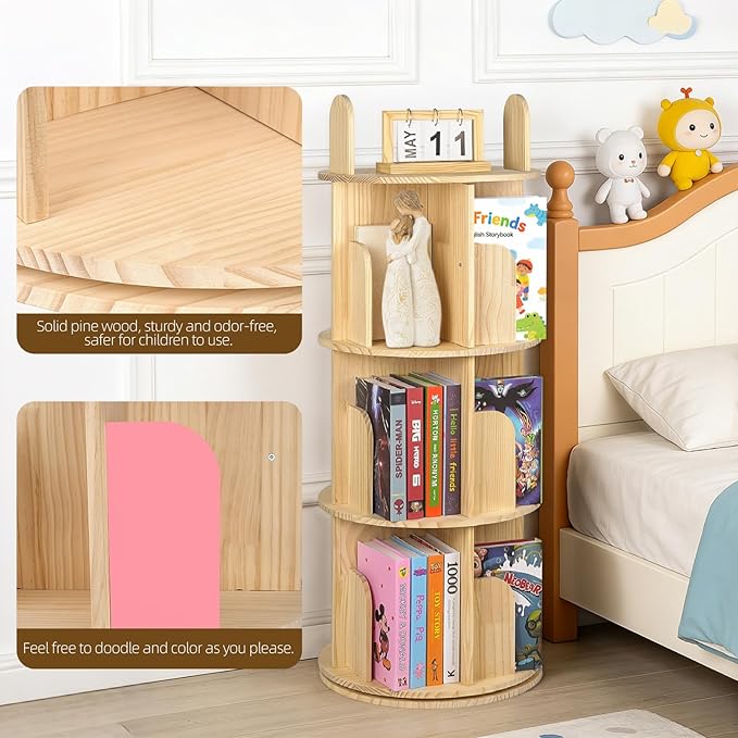 Kryonix Rotating Bookshelf for Kids, Solid Pine Wood Spinning Bookshelf Tower 2 Tier, 360° Revolving Bookcase, Multi-Functiona Corner Round Turning Book Shelf Organizer for Small Spaces
