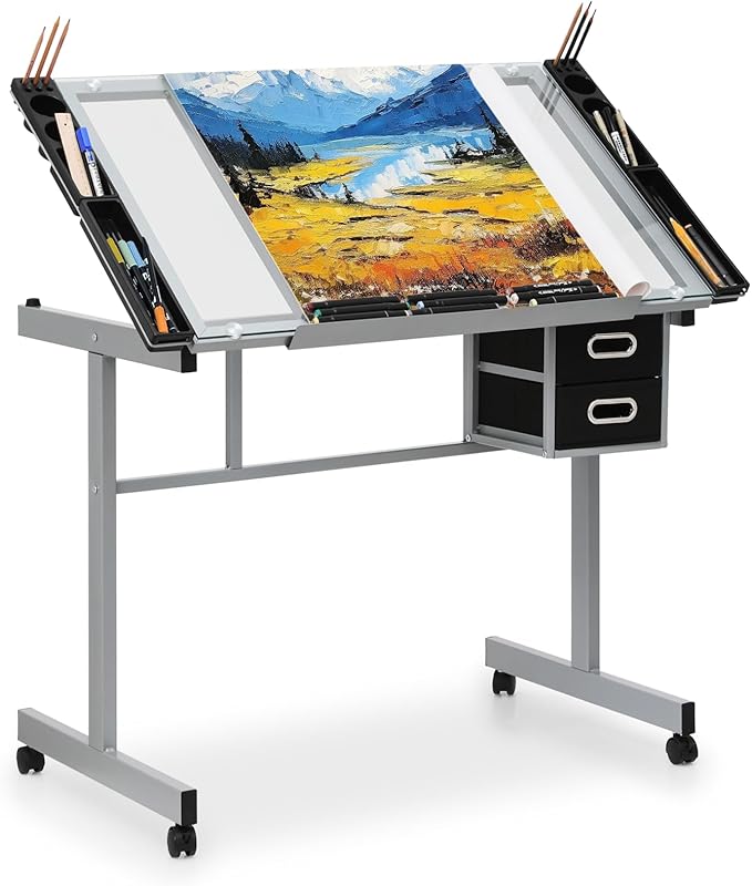 Drafting Table with Adjustable Tilt Angle Board, Drawing Table Tempered Glass Top, Art Desk with Metal Frame Craft Desk for Artist with Fabric Drawers, Rolling Casters and Trays