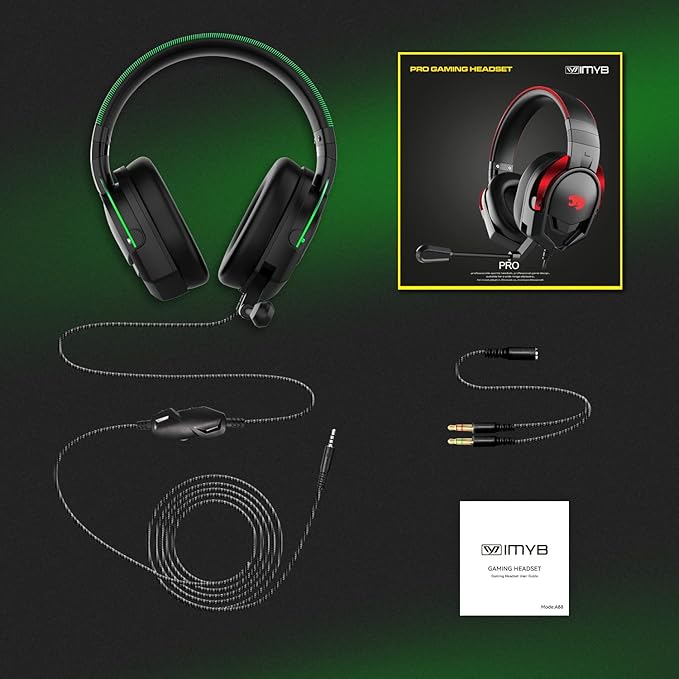 IMYB A88 Gaming Headset with Microphone, Stereo Wired Noise Cancelling Over-Ear Headphones with Mic for Pc, Ps5, Xbox One Series X/s, Ps4, Computer, Laptop, Mac, Nintendo, Gamer (Green)