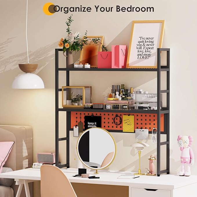 Brakki Desk Shelf, 35.43" Desk Hutch Bookshelf, Desktop Shelf with Pegboard for Computer Monitor, Metal Desktop Hutch Storage Organizer for Dorm Home Office, 2 Tier Bookcase, Black