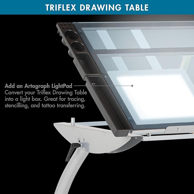 SD Studio Designs Triflex Drawing Table, Sit to Stand Up Adjustable Office Home Computer Desk, 35.25" W X 23.5" D, Silver/Blue Glass