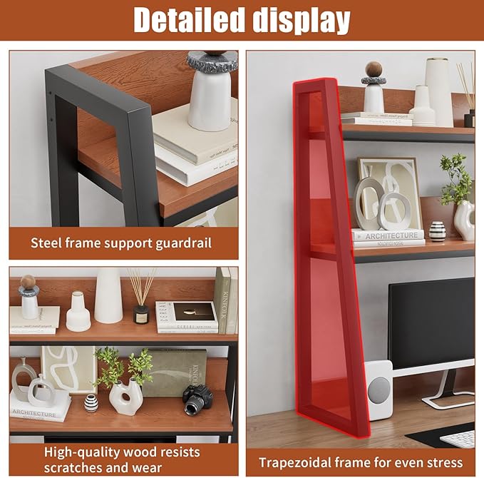 AQQHSAIN Desktop Hutch Shelf 2-Tier Ladder Bookshelf Computer Bookcase Wooden Desktop Display Rack Multipurpose Desk Hutch Top Only for Home Office Dorm Use (Brown, 75CM)