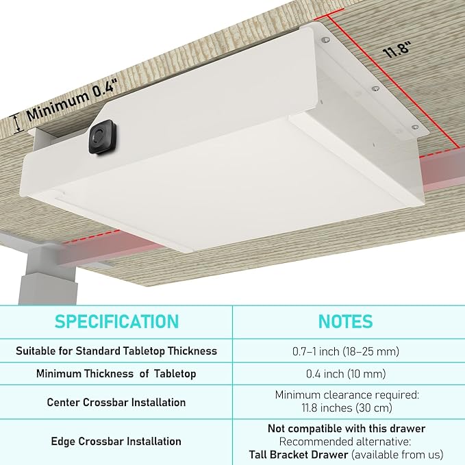 Under Desk Drawer with Biometric Fingerprint Lock, Metal Undermount Table Drawer, Slides Out Tray Organizer for Paper, Pencil, and Laptop 16"x11.8"x3.6", White with Fingerprint Lock