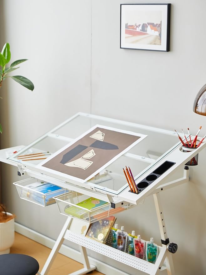 CuisinSmart Drafting Table w/Stool Height Adjustable Multifunctional Art Craft Diamond Paintings Work Station w/2 Storage Drawers Artists Desk Tilting Glass Tabletop for Home Office White