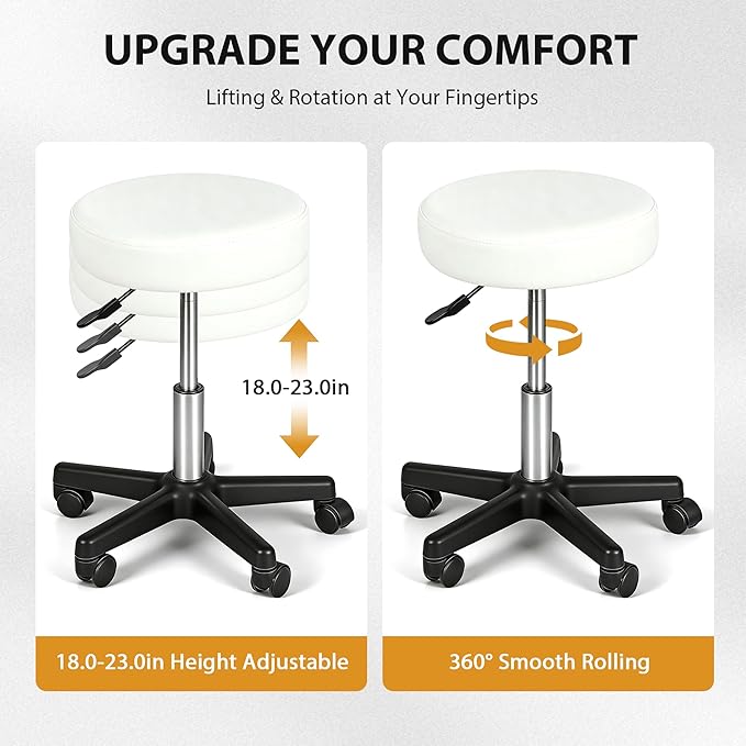 Nova Microdermabrasion Rolling Stool with Wheels Swivel Salon Stool Adjustable Drafting Tattoo Office Chair for Massage Bar Kitchen Spa Shop with Thick Cushion (White)