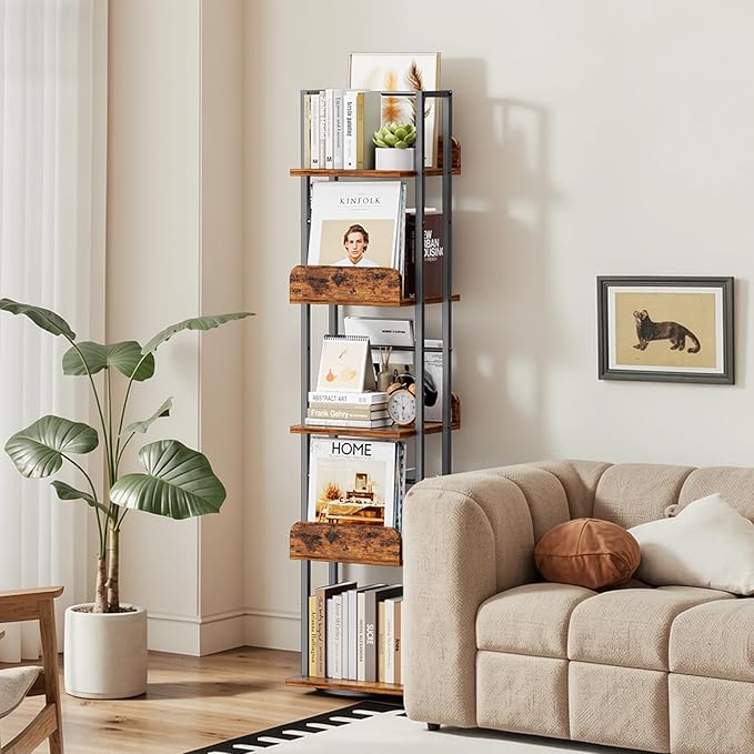 Bikoney Rotating Bookshelf, 360 Display Spinning Bookshelf Tower, 5-Tier Narrow Bookcase, Tall Industrial Book Shelf Organizer, Small Corner Book Shelves for Living Room, Black