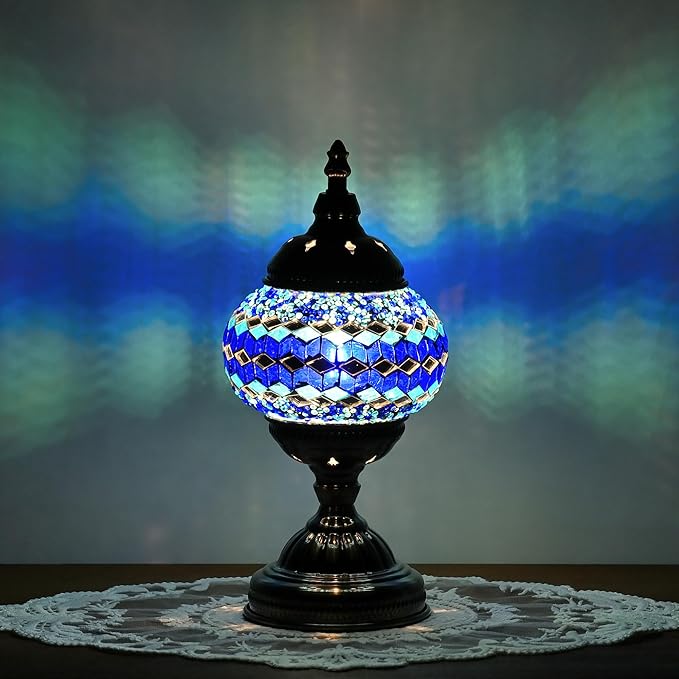 GOGERS Turkish Moroccan Table Lamp Lantern with Handmade Mosaic Glass Lampshade Tiffany Style Bohemian Stained Glass Decorative Desk Lamps Bedside Night Lights for Bedroom (Multiple Blues)