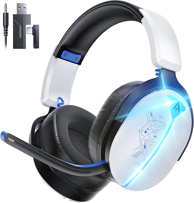 Ultra-Light Universal 3-in-1 Wireless Headset for PS5/PS4/PC/Switch/Xbox, 2.4G+BT5.3+Wired, <25ms Lag-Free, Breathable Pads, 7.1 Surround for FPS, NC Mic, 40H Play -White Blue