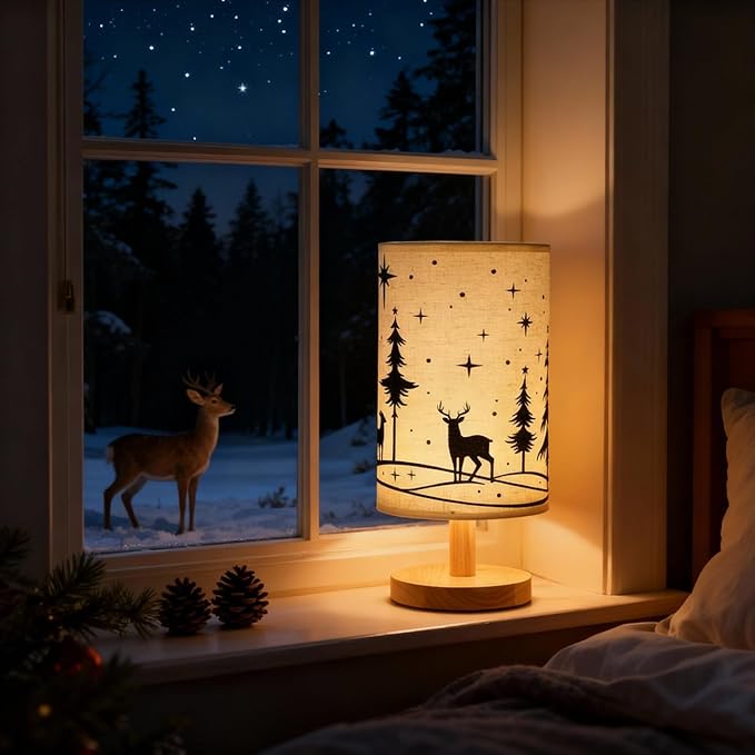 Glooglitter Christmas Lamp Christmas Decorations Indoor 11.6 Inch Small Xmas Tree Deer Bedside Table Light LED Desk Light USB Nightstand Lamp with Non Slip Wood Base Lampshade for Gifts Home Desk