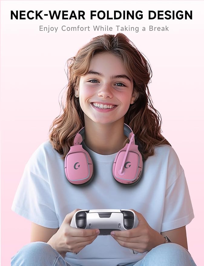 Gvyugke 2.4GHz Wireless Gaming Headsets for PS5, PS4, PC, Switch - Bluetooth 5.3 Gaming Headphones with Noise Canceling Mic, 7.1 Surround Sound, 70H Battery, Blue Lighting - Blush Pink