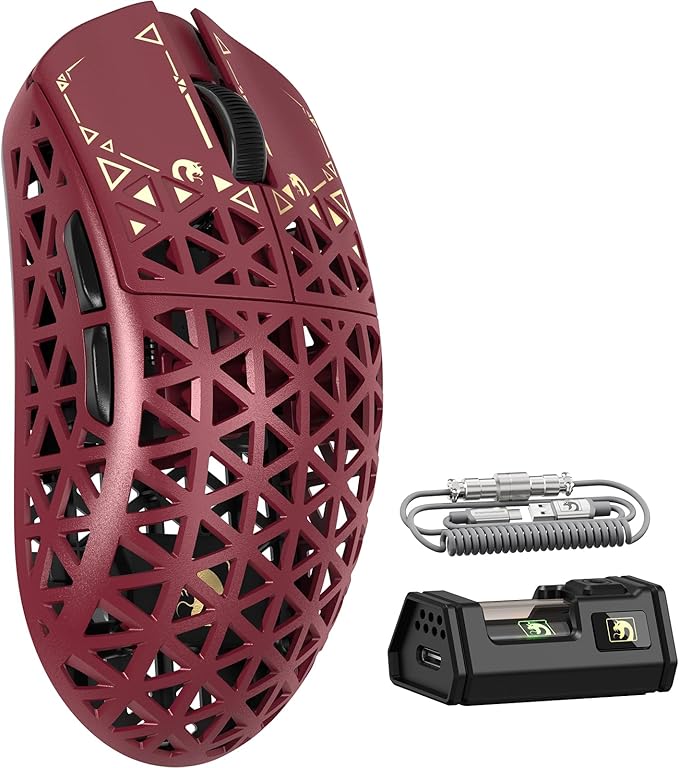 MAMBASNAKE M5 Ultra Carbon Fiber 8000Hz Wireless Gaming Mouse, 39g Superlight, 42000DPI, PAW3950MAX Sensor, Nordic 52840 Chip, Bluetooth/2.4G/USB-C Wired Mice with Coiled Cable for PC/Mac (Red)