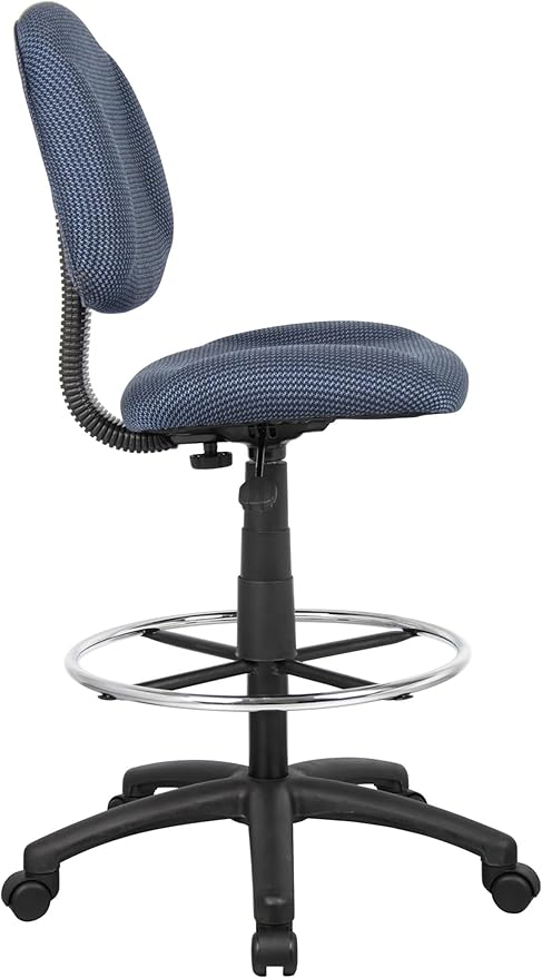 BOWERY HILL Rolling Drafting Stool, Blue Tweed Fabric Upholstery, Contoured Seat and Back, Adjustable Height 26.5-31.5 in, Chrome Foot Ring, 250 lb Capacity, Dual Wheel Casters, Home or Office Use