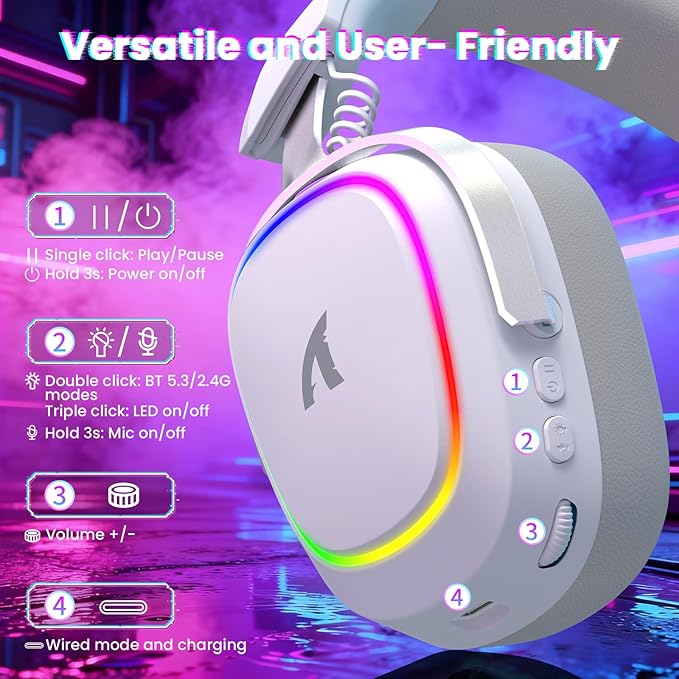 ATTACK SHARK G800 Wireless RGB Gaming Headset:7.1 Surround Sound-50mm Drivers-Memory Foam Ear Pads,Wired/2.4Ghz/BT,Ultralight,Durable Aluminum Frame,Detachable Mic,Programmable for PC Mac Gamer(White)