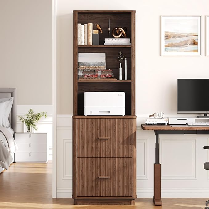 ONBRILL 71" Tall Fluted Bookcase with 2 File Drawers, Curved Design Display Bookshelf with Storage, Mid-Century Modern 3 Tier Bookcase with Sturdy Pedestal for Home Office, Living Room, Walnut