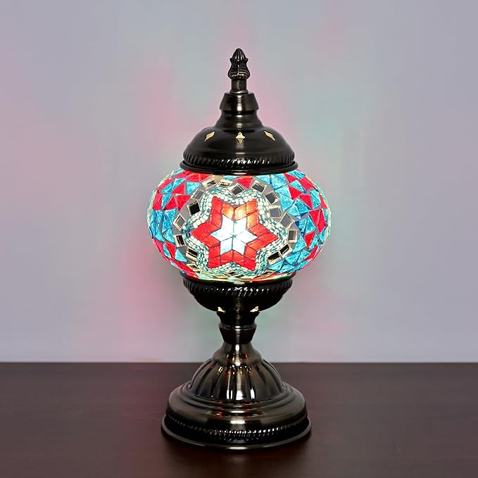 GOGERS Turkish Moroccan Table Lamp Lantern with Handmade Mosaic Glass Lampshade Tiffany Style Bohemian Stained Glass Decorative Desk Lamps Bedside Night Lights for Bedroom (Blue Red)