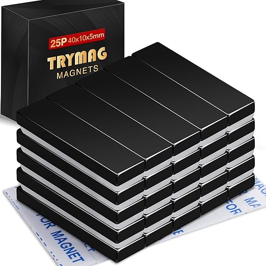 TRYMAG 25 Pack Super Strong Neodymium Magnets, Heavy Duty Rare Earth Magnets with Double-Sided Adhesive, Powerful Bar Magnetic Strips for Fridge, DIY, Craft, Science - 40x10x5mm