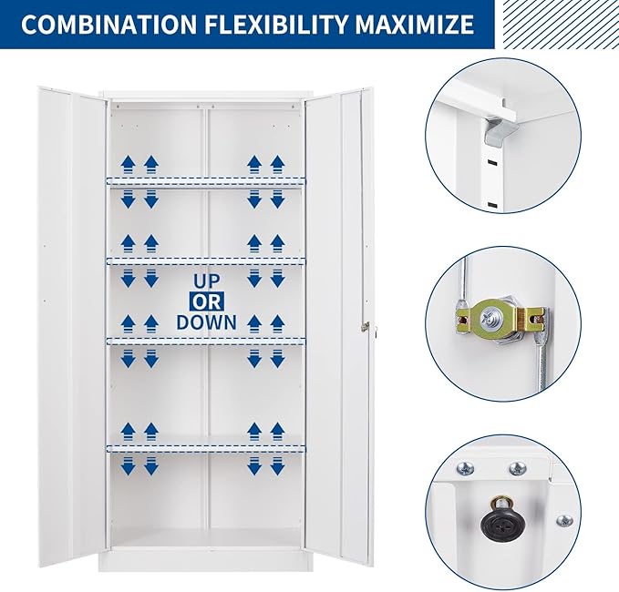 Fesbos Metal Storage Cabinet-71” Tall Steel File Cabinets with Lockable Doors and Adjustable Shelves-White Steel Storage Cabinet for Home, School, Office, Garage