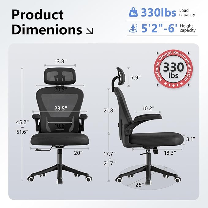 SeekFancy Ergonomic Office Chair M903, Computer Desk Chair with Wheels, High Back Mesh Office Chair with Adjustable Lumbar Support, Headrest, Flip-Up Armrest, Black