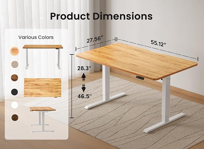 BANTI 55 × 28 Inches Standing Desk, Ergonomic, Electric Height Adjustable, Sit and Stand Up, Computer Desk with a Deeper Desktop, White Frame/Light Rustic Top