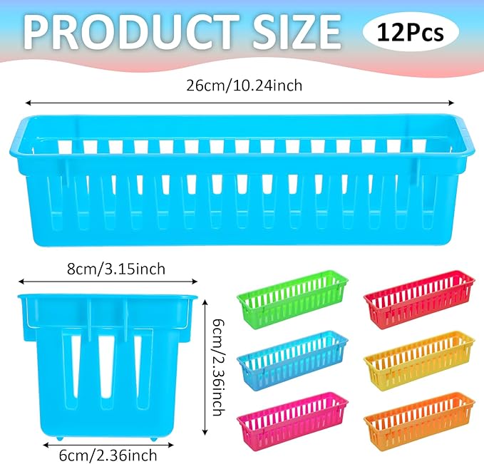 12 Pack Colorful Slim Plastic Storage Baskets Tray for Organizing, 10.24 x 3.15 x 2.36 Inch Small Slim Colorful Pencil Plastic Baskets for Desk Garage Cabinet Containers (6 Colors)