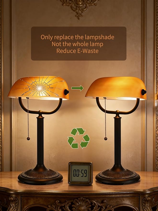 Newrays 1-Minute Quick-Change Shade Antique Matted Amber Glass Bankers Desk Lamp,Plug in Fixture for Study, Office, Library,LED Bulb Included