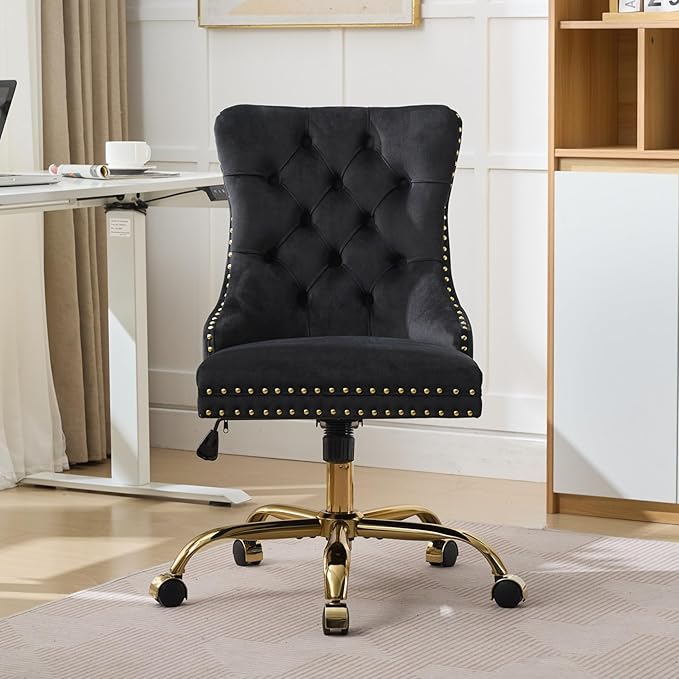 Goujxcy Desk Chair, Modern Velvet Upholstered Tufted Button Home Office Chair, 360° Swivel Armless Desk Chairs, 120°Rocking Ergonomic Computer Task Vanity Chairs, Black