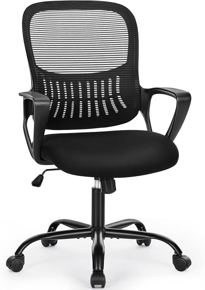 GIA 40'' Home Office Desk and Office Chair Set,Compact Writing Desk with 2-Tier Storage Drawers, Black Wood Computer Desk and Mesh Chair with Fixed Armrests and Soft Foam Seat Cushion for Small Spaces