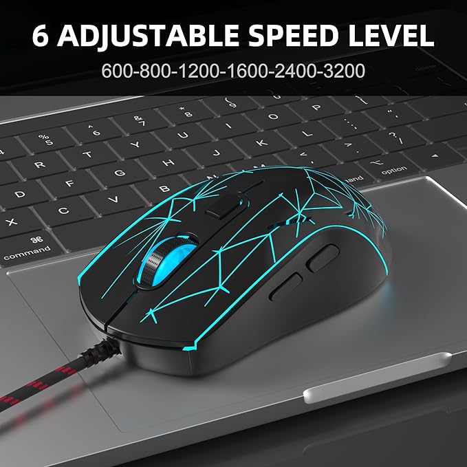 MageGee G6 Wired Gaming Mouse, Ergonomic USB Optical Mouse with 7 Colors Breathing LED Backlit, 6 Adjustable Speed Levels from 600 to 3200 for Laptop PC Computer Games & Work, Black