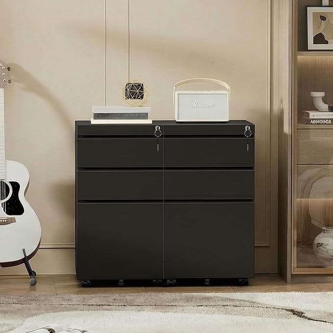 Bonusall 3 Drawer File Cabinet with Lock, Small Under Desk Filing Cabinet for Home Office, Fully Assembled Metal Rolling Storage Fits A4/Letter/Legal, Black