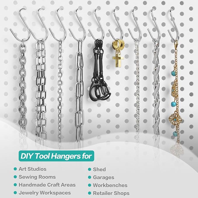 Small Pegboard J Hooks - 80pcs Metal Peg Board Hangers for Tiny Holes - Anti-fall Universal Fit Pegboard Wall Organizer Jewelry Tools Holders for Retailer Garage Craft Office Display Storage (Silver)