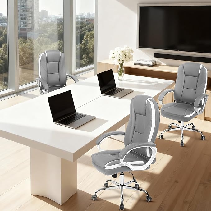 NEO Chair Office Desk Ergonomic Gaming Computer Chair High Back Adjustable PU Leather with Lumbar Support, Swivel Rolling Wheels, Executive Managerial Task Chair (Grey)